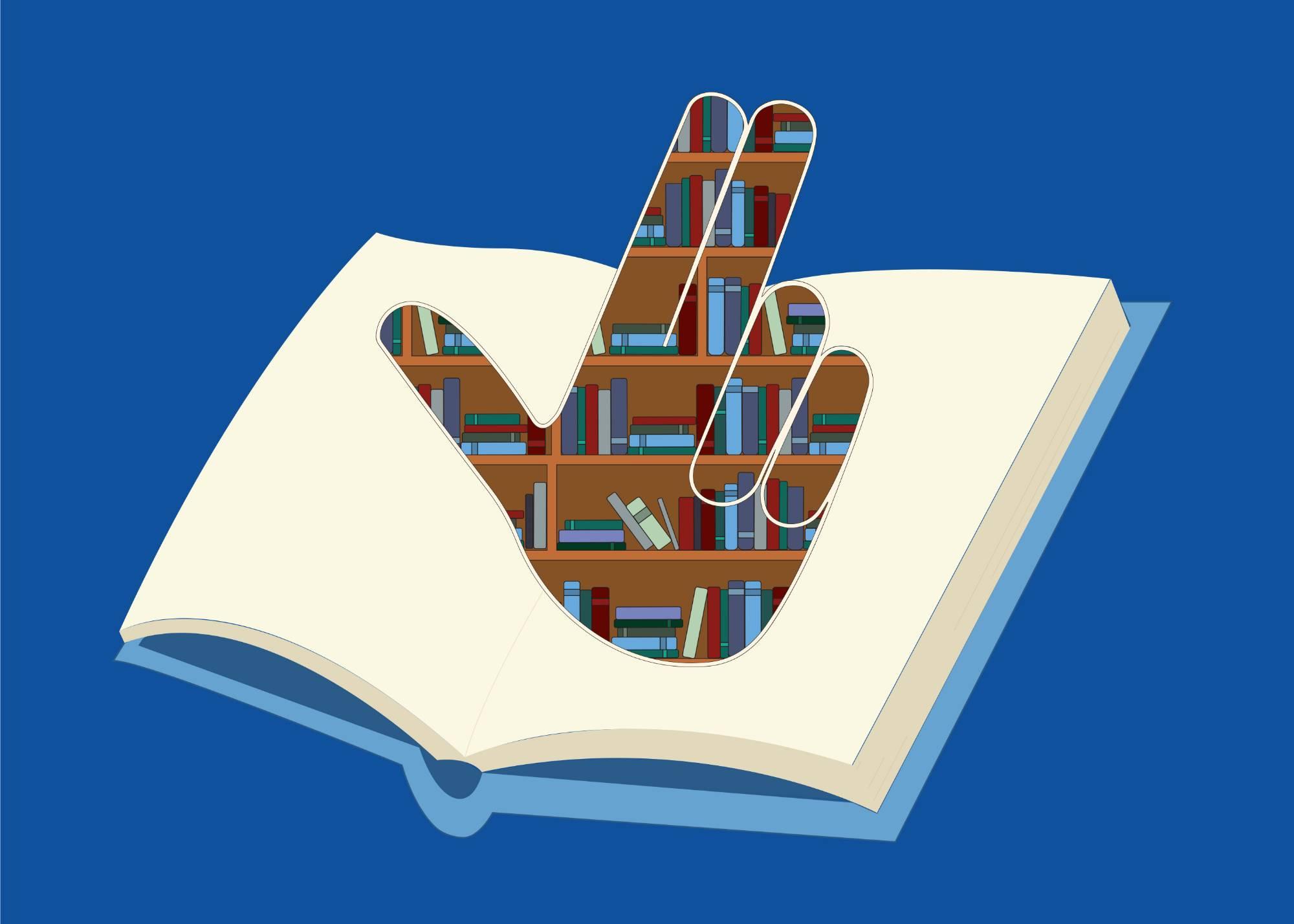 The Family Weekend 2019 logo. The "anchor up" hand sign made out of a bookshelf atop an illustration of an open book.